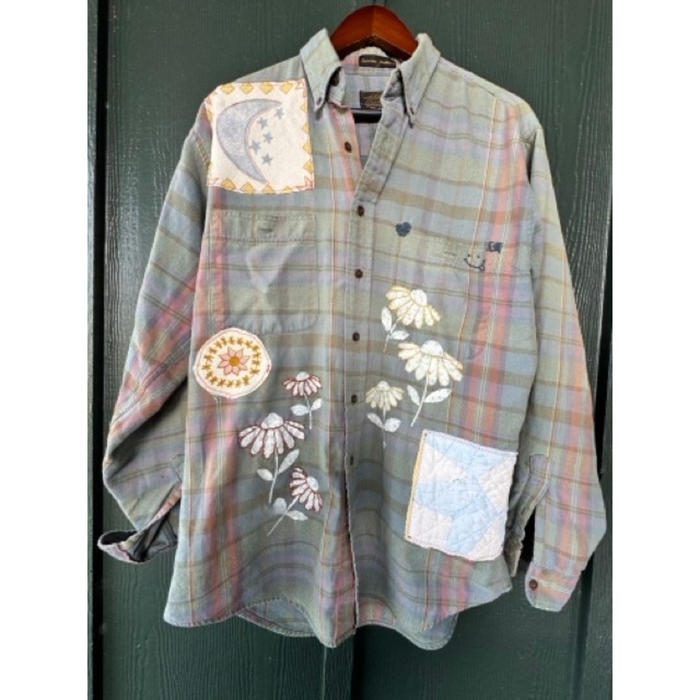 upcycled Eddie Bauer Custom Patchwork Plaid Flannel Shirt Green Cottagecore M